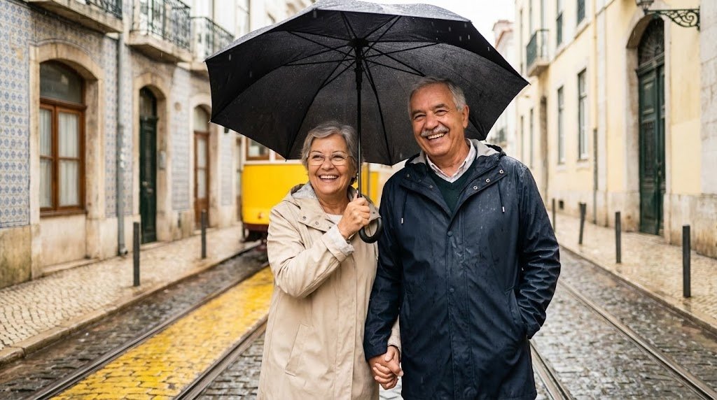 Pessoa satisfeita a usar o ZeroGotas num dia chuvoso