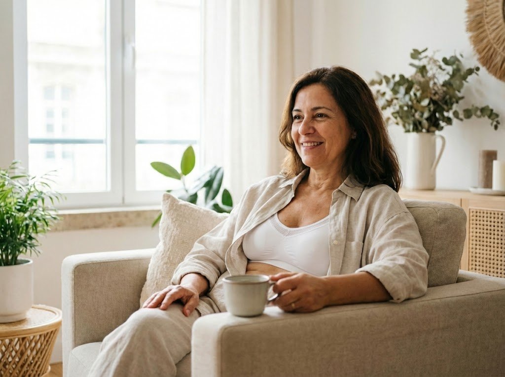 Mulher portuguesa com expressão de conforto e satisfação