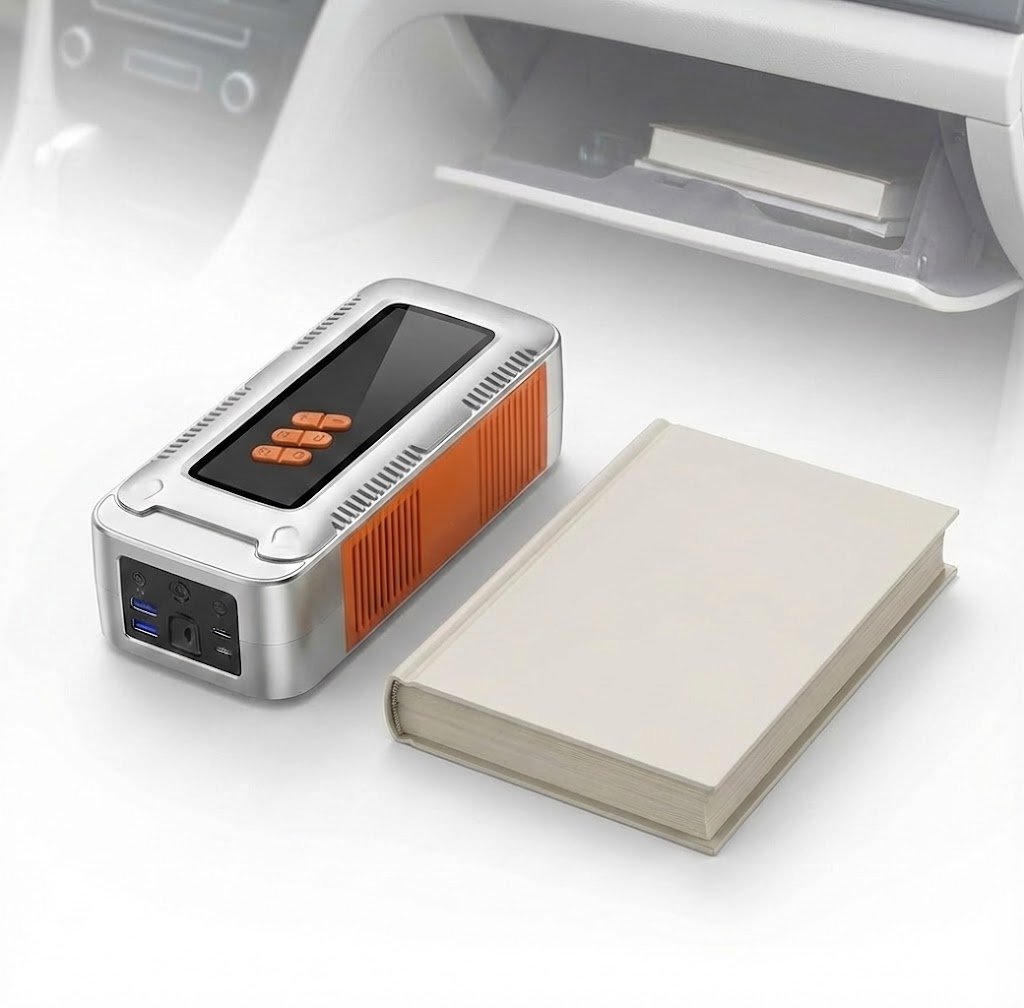 Car Jumpstarter ao lado de um livro para comparação de tamanho