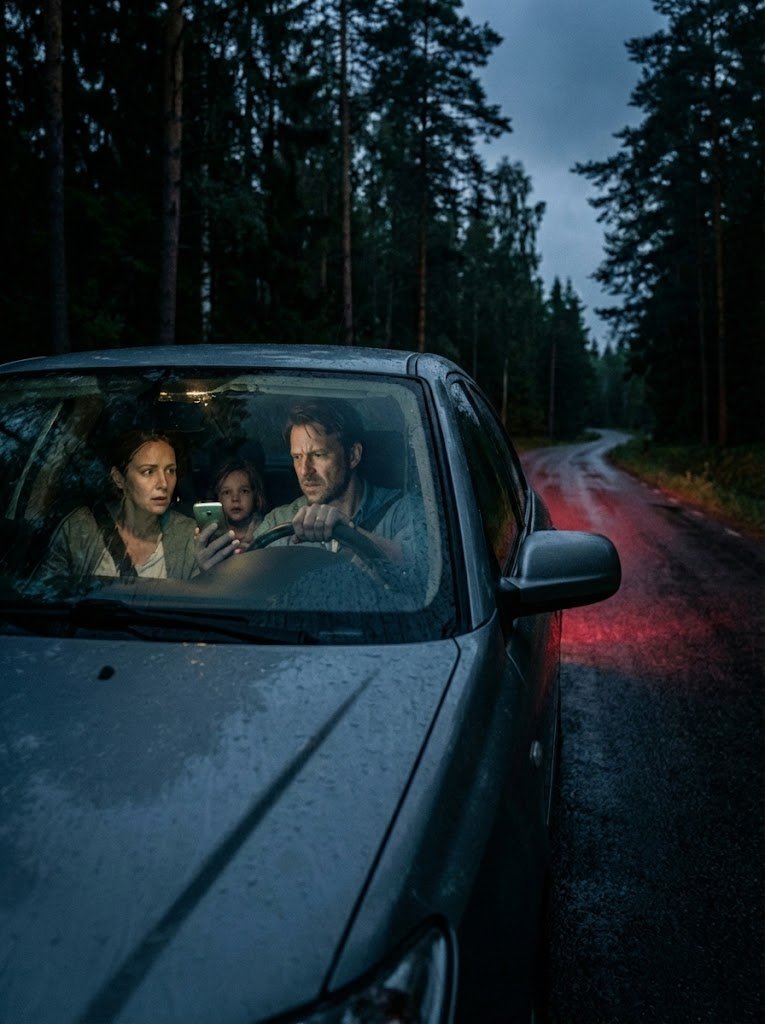 Estrada escura de inverno à noite, carro parado no acostamento