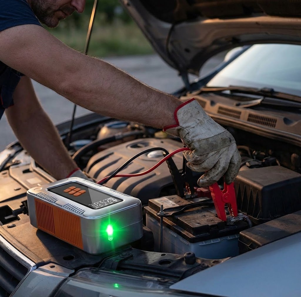 Jump Start: pinzas conectadas a la bater&iacute;a del coche