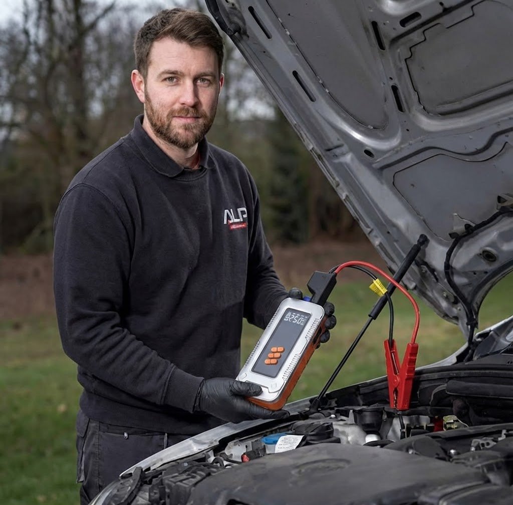 Mec&aacute;nico profesional en el taller mostrando el Car Jumpstarter