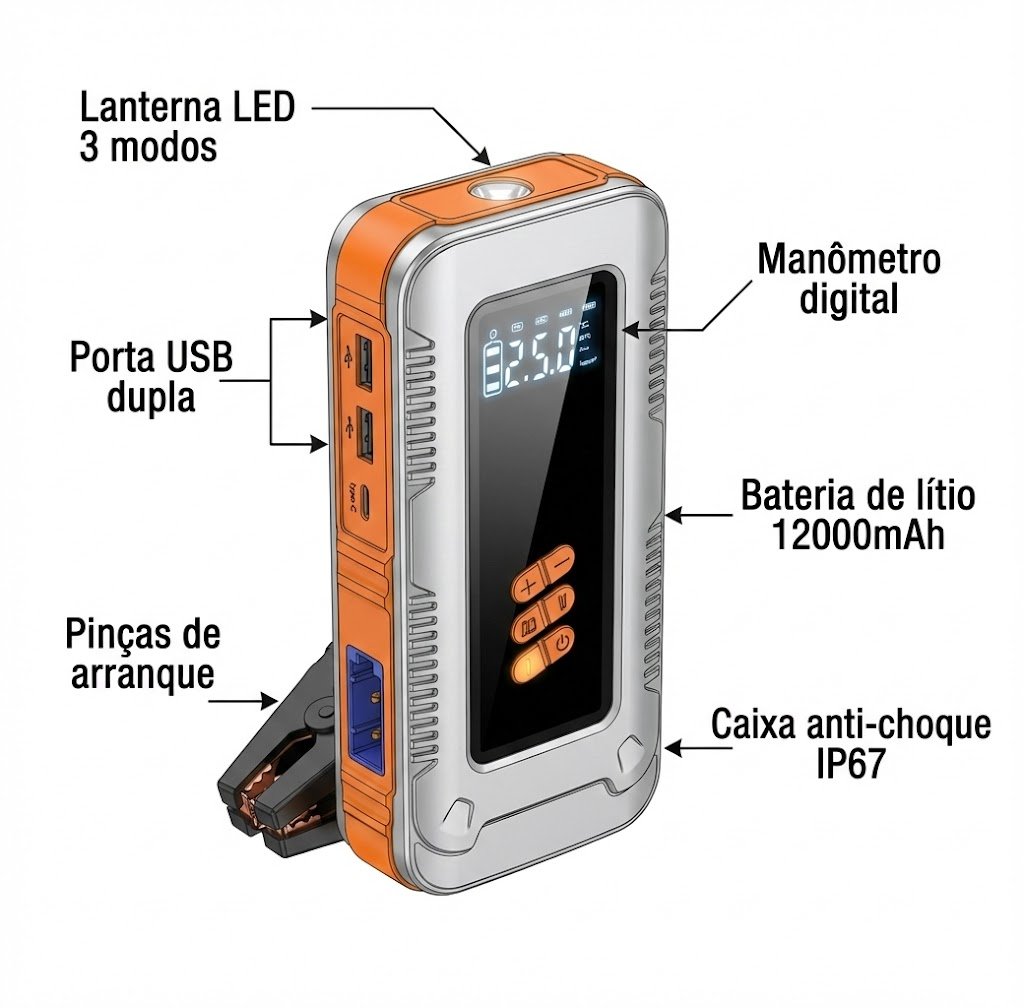 Diagrama t&eacute;cnico del Car Jumpstarter con especificaciones visibles