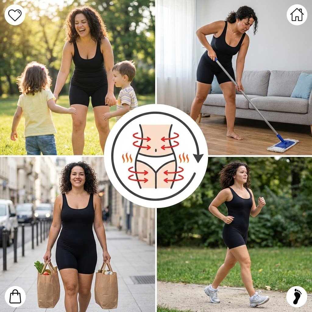 Infogr&aacute;fico: mulher na rotina di&aacute;ria com zonas de compress&atilde;o inteligente vis&iacute;veis — caminhar, escadas, compras e limpezas