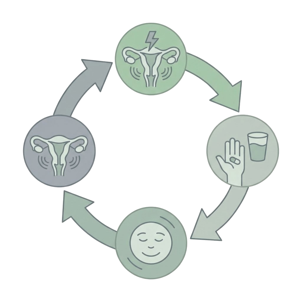 Infográfico circular mostrando o ciclo da dor menstrual: cólica aparece, toma comprimido, alívio temporário, dor volta, fundo claro