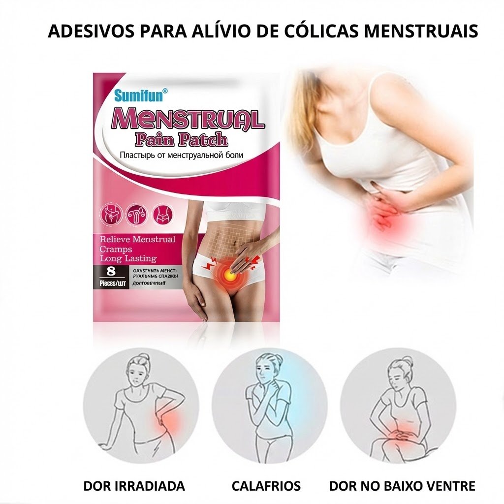 Mulher a aplicar o adesivo térmico Sumifun™ na zona abdominal com a embalagem do produto em destaque