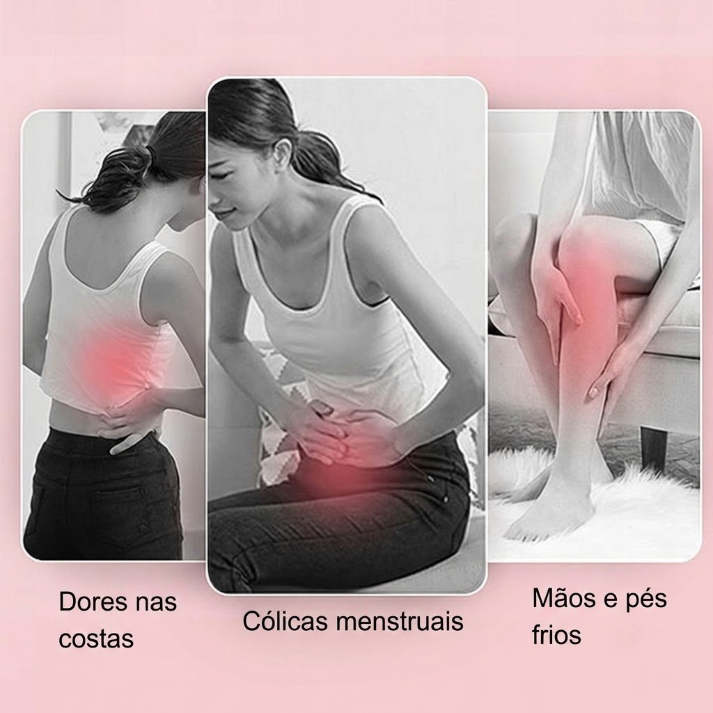 Mulher com desconforto menstrual, expressão de dor abdominal