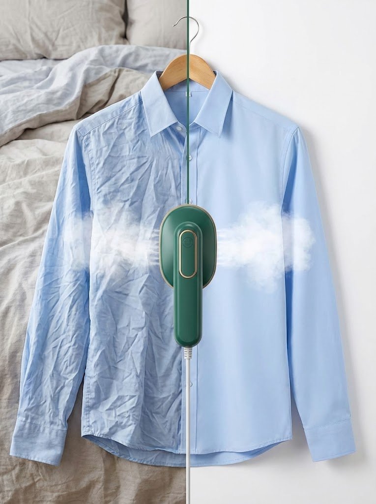 Antes e depois - camisa vincada versus camisa perfeita passada com o Mini Ferro