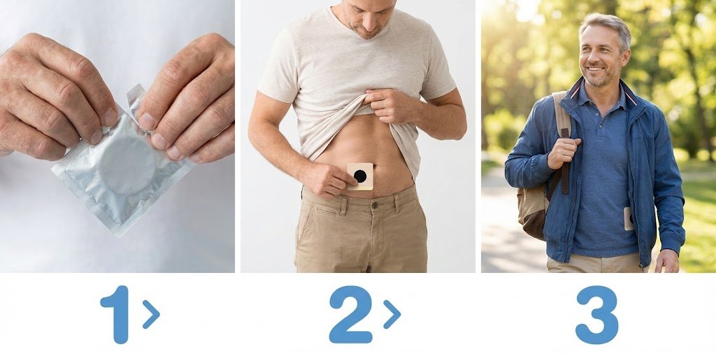 Três passos de aplicação do adesivo: abrir saqueta, colar no braço, pessoa a viver o dia normalmente