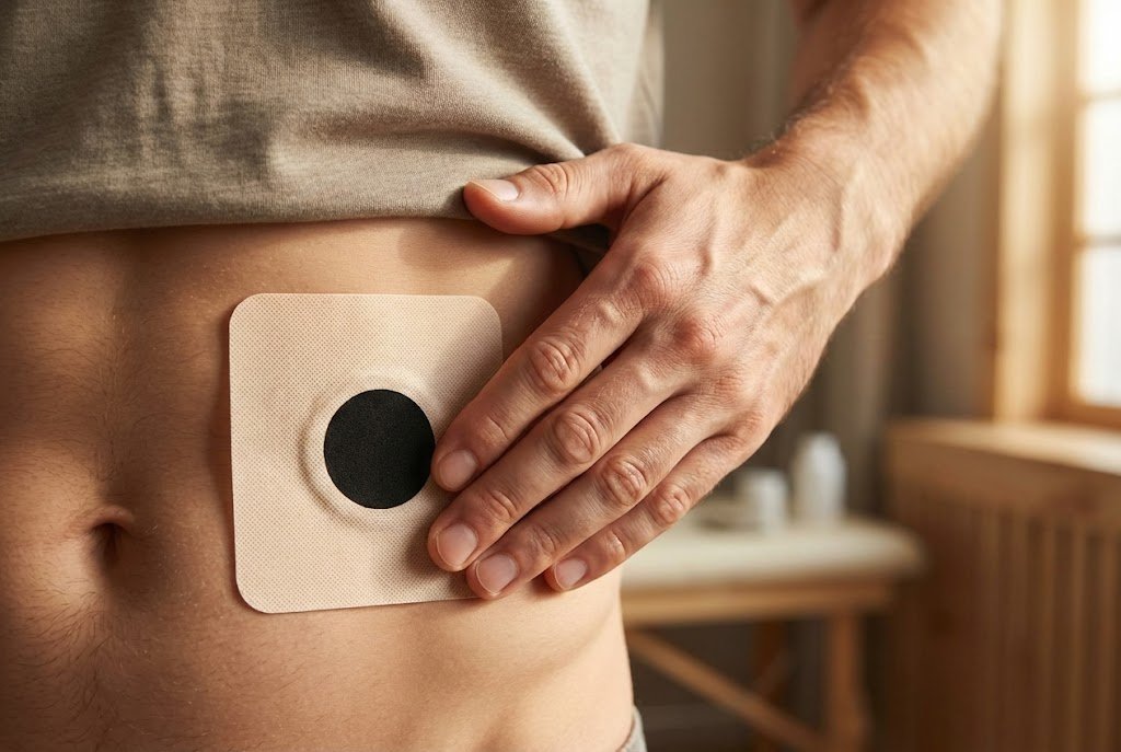 Primer plano del parche Clearva™ sobre la piel del brazo, textura visible, luz natural