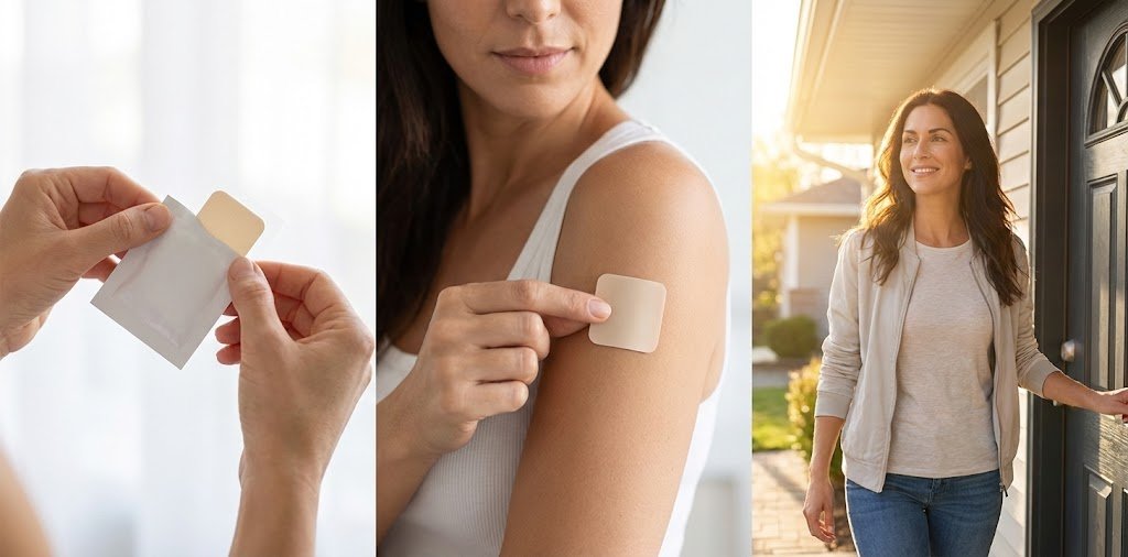 Tres pasos de aplicación del parche: abrir sobre, pegar en el brazo, persona viviendo su día con normalidad