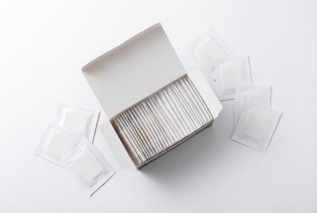 Envase Clearva™ de 30 parches con sobres individuales alrededor, layout de producto, fondo blanco