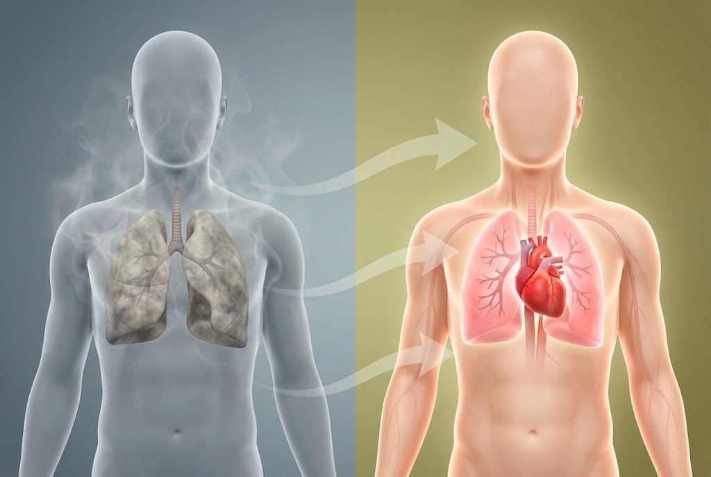 Representación visual de la recuperación del cuerpo humano a lo largo del tiempo tras dejar de fumar, pulmones más limpios, corazón más sano, piel recuperando su brillo