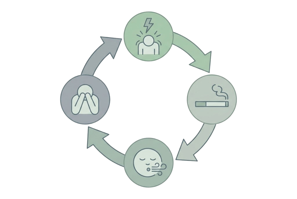 Infografía circular mostrando el ciclo de la recaída: estrés, cigarrillo, alivio temporal, culpa, estrés, fondo claro