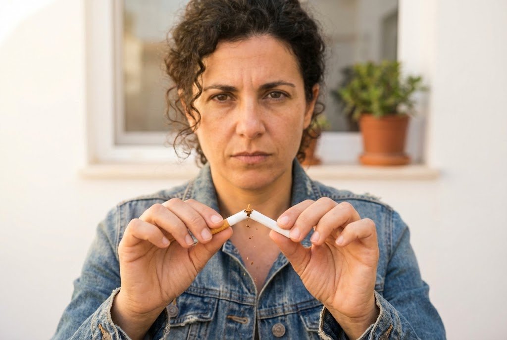 Mujer rompiendo un cigarrillo por la mitad