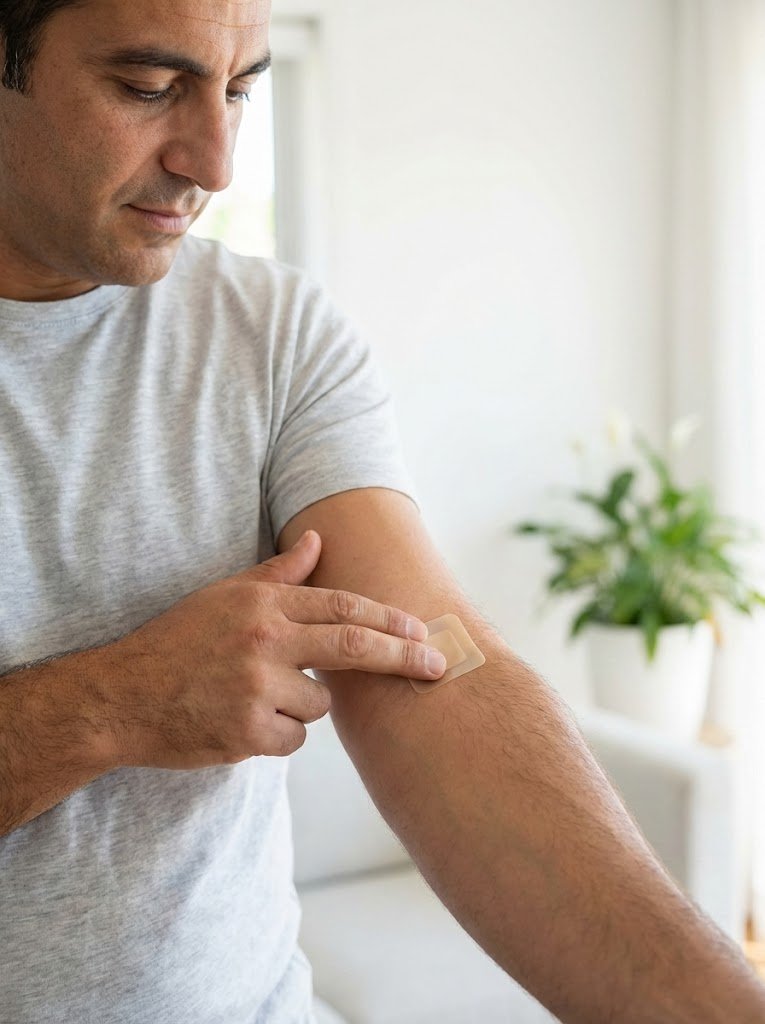 Persona aplicándose un parche Clearva™ en el brazo, gesto sencillo y natural, fondo claro