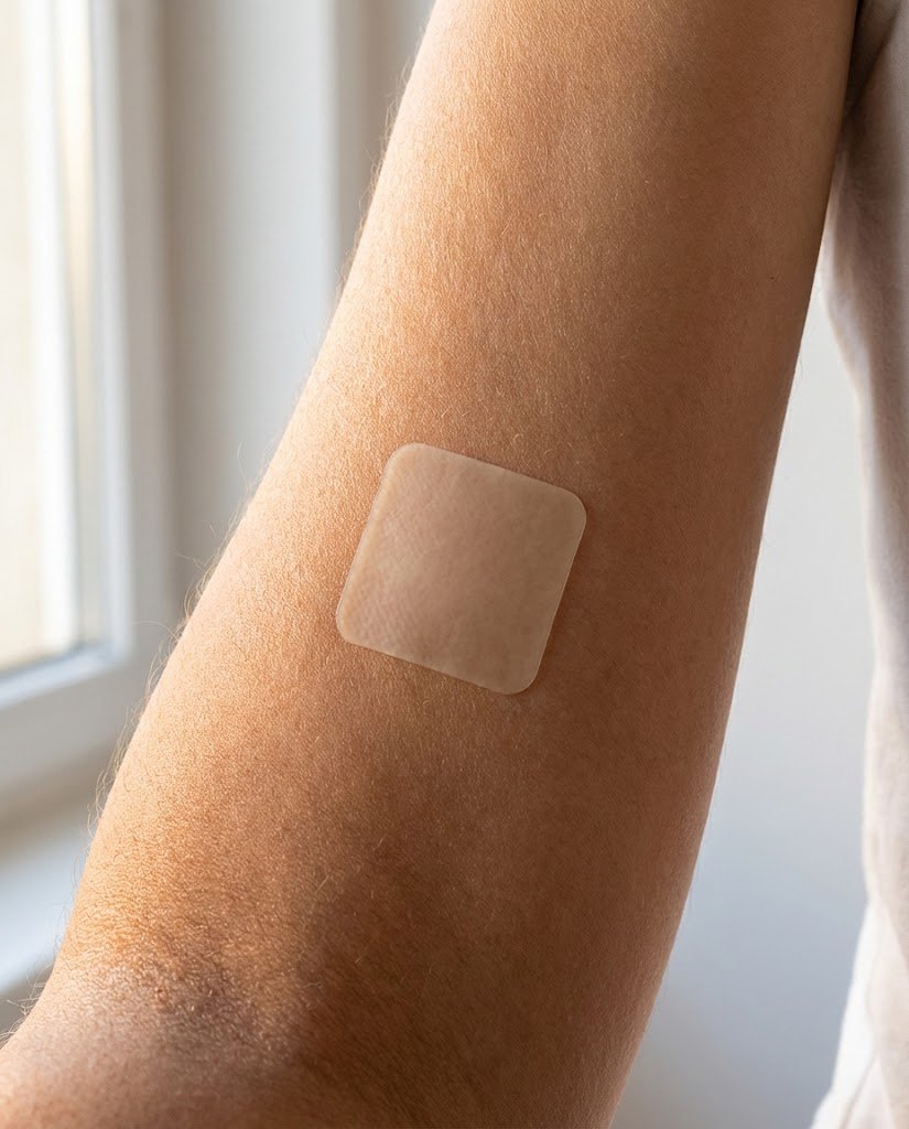 Close-up do adesivo Clearva™ sobre pele do braço, textura visível, luz natural