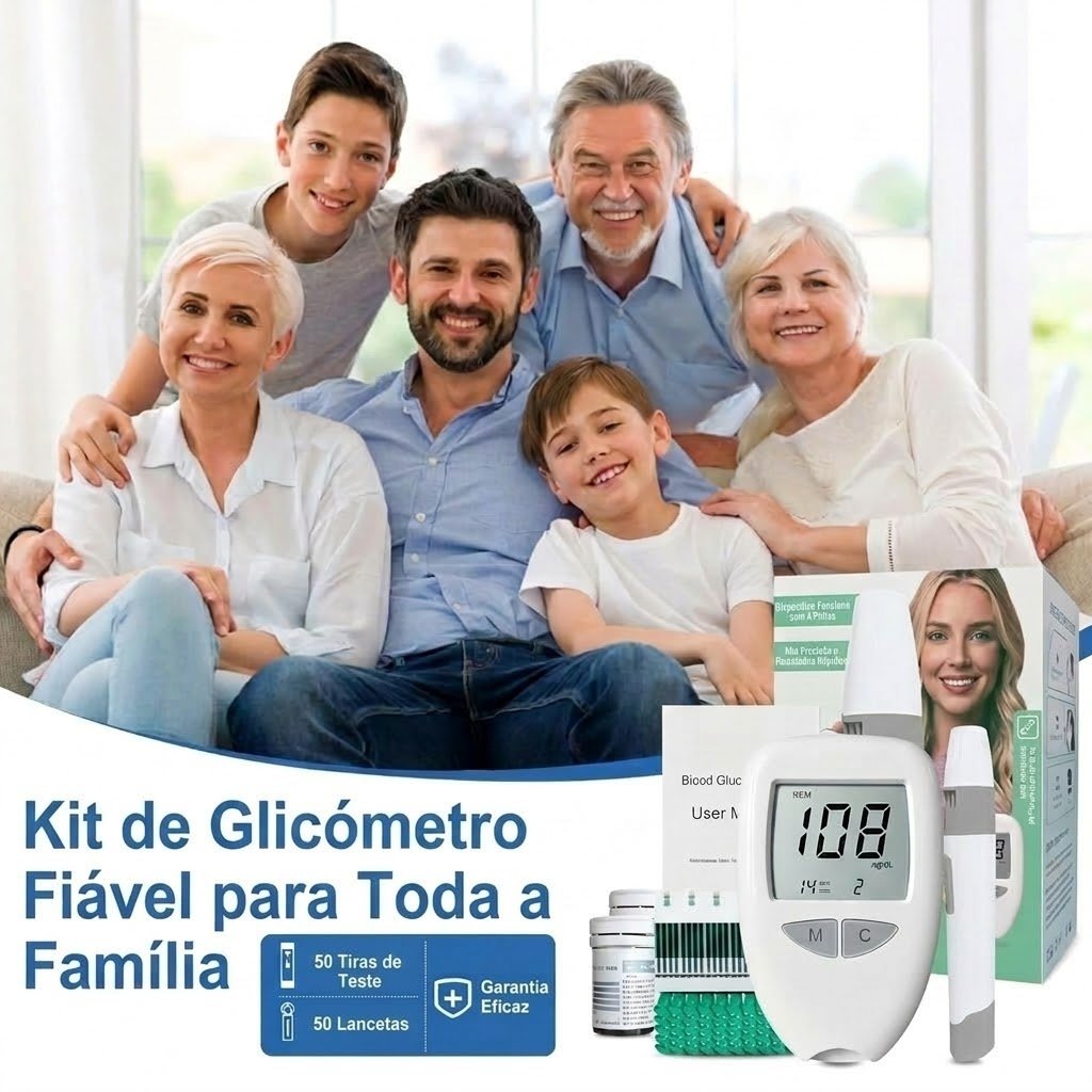 Kit GlucoCheck Pro completo — monitor de glicémia, 50 tiras de teste, 50 agulhas e caneta de recolha