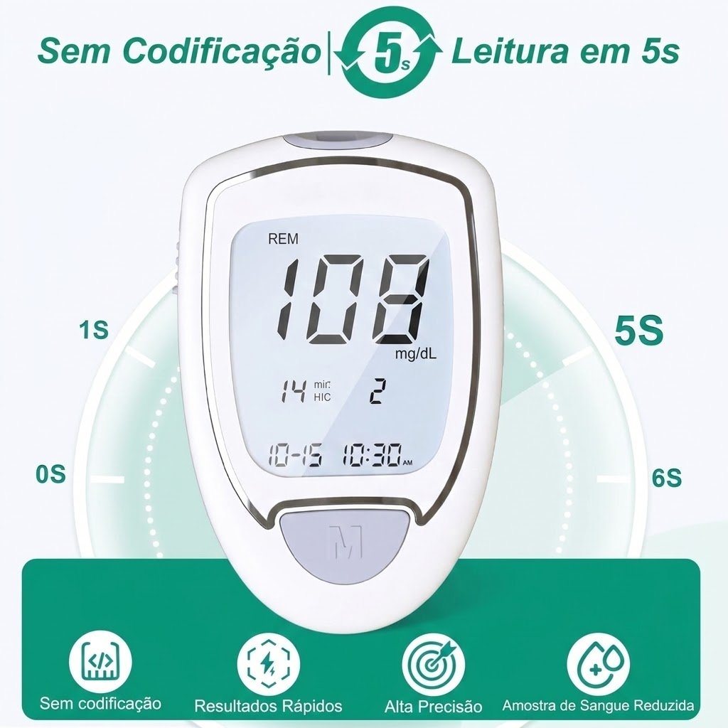 Monitor GlucoCheck Pro com ecrã grande a mostrar leitura de glicémia