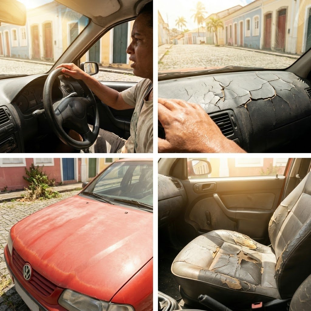 Carro exposto ao sol e chuva sem proteção