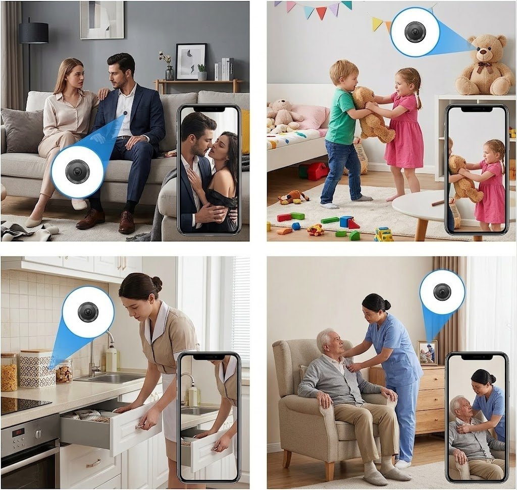 Mini câmera posicionada discretamente numa estante de livros