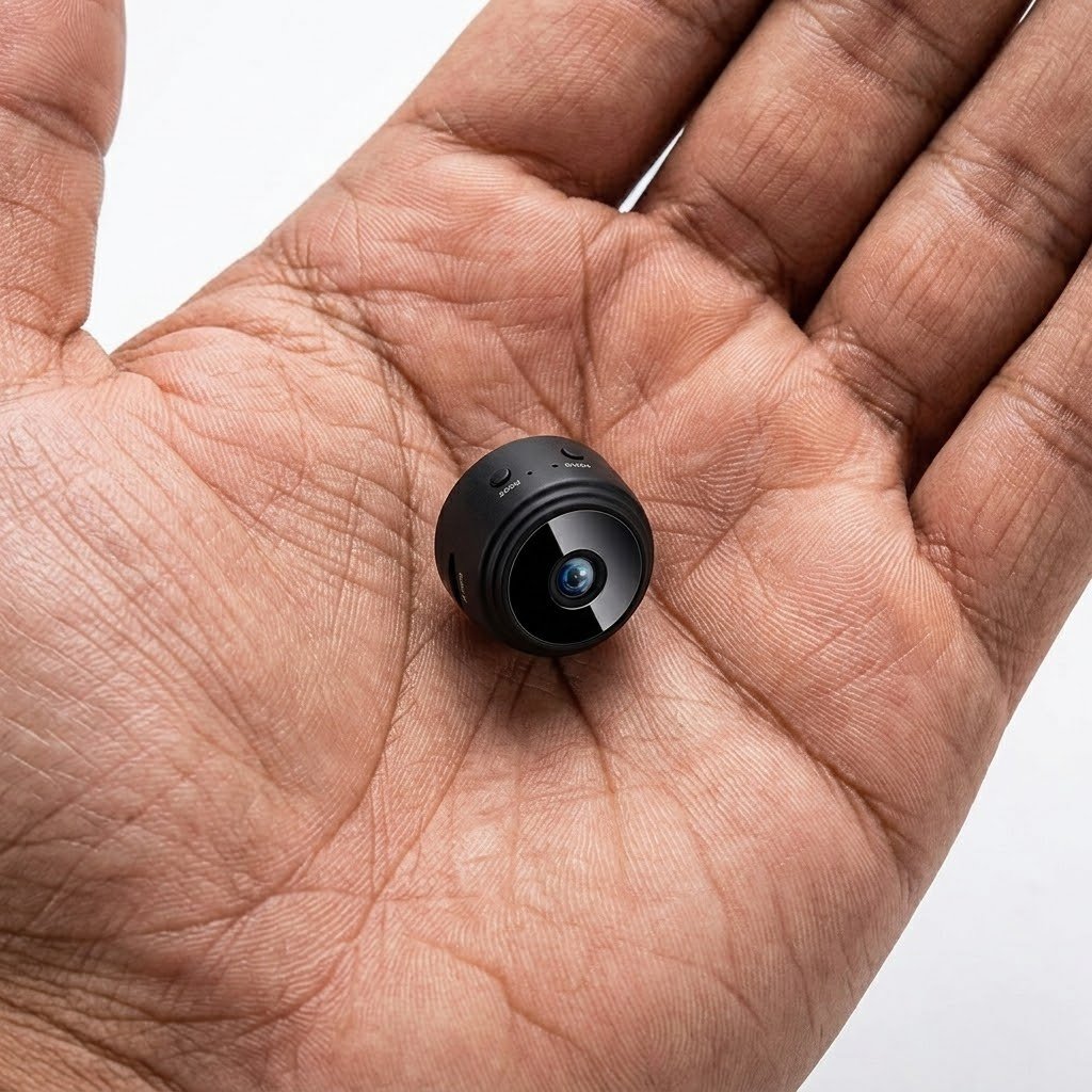 Mini câmera HD ao lado de uma moeda para comparação de tamanho