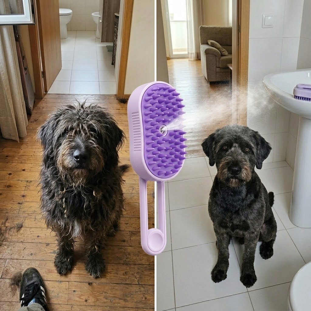 Antes y despues - pelo del animal antes y despues de usar la Steam Jet Brush