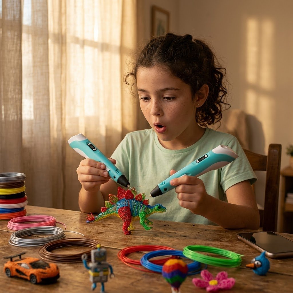 Criança portuguesa concentrada a desenhar no ar com uma caneta 3D, criando uma estrutura colorida em vez de estar agarrada ao telemóvel