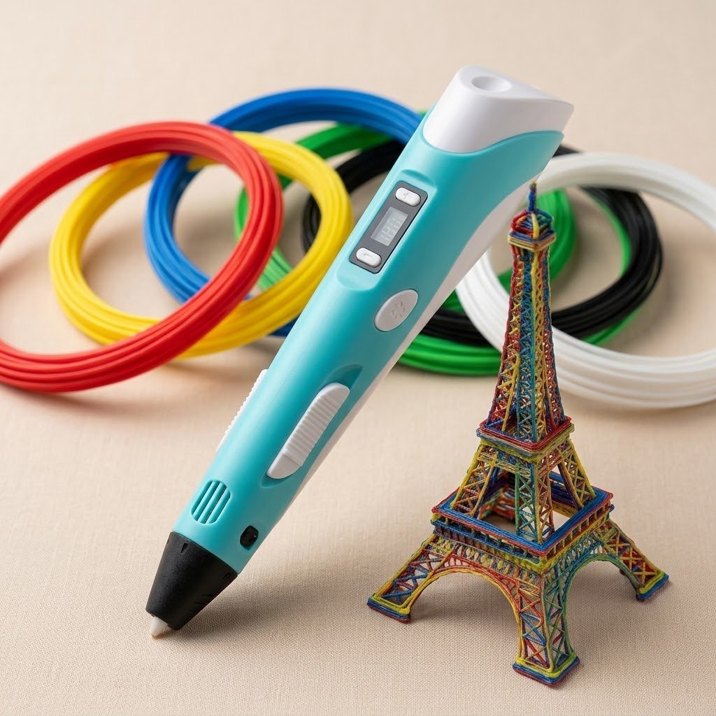 Caneta 3D Creator em detalhe sobre fundo branco com filamentos coloridos e desenhos 3D acabados ao lado