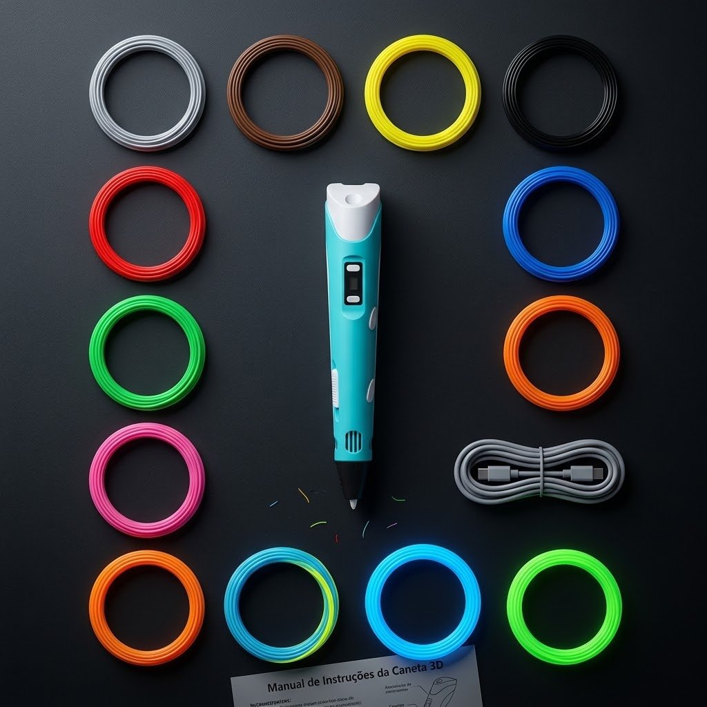 Kit completo da Caneta 3D Creator desembalado com a caneta, cabo USB, filamentos coloridos PLA e ABS e manual em português
