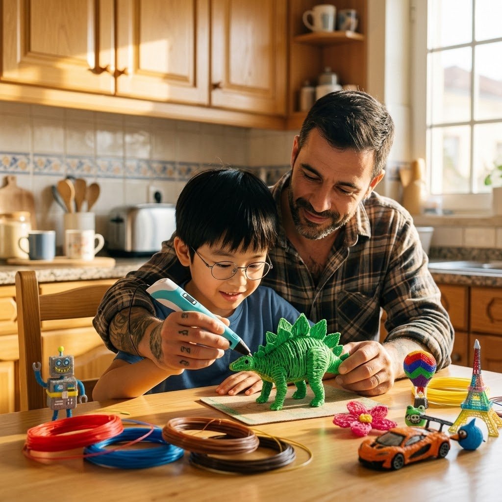 Padre e hijo españoles creando piezas 3D juntos en la mesa de la cocina al final de la tarde