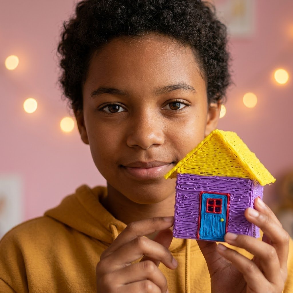 Niña española mostrando con orgullo una figura 3D que acaba de crear