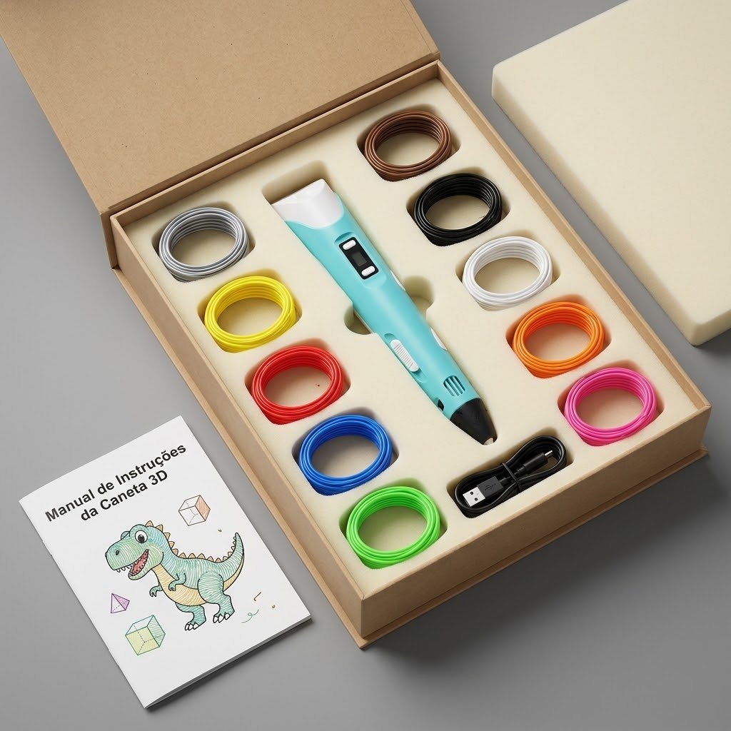 Caja abierta del Bolígrafo 3D Creator mostrando todo el contenido organizado: bolígrafo, filamentos de colores, cable USB y manual