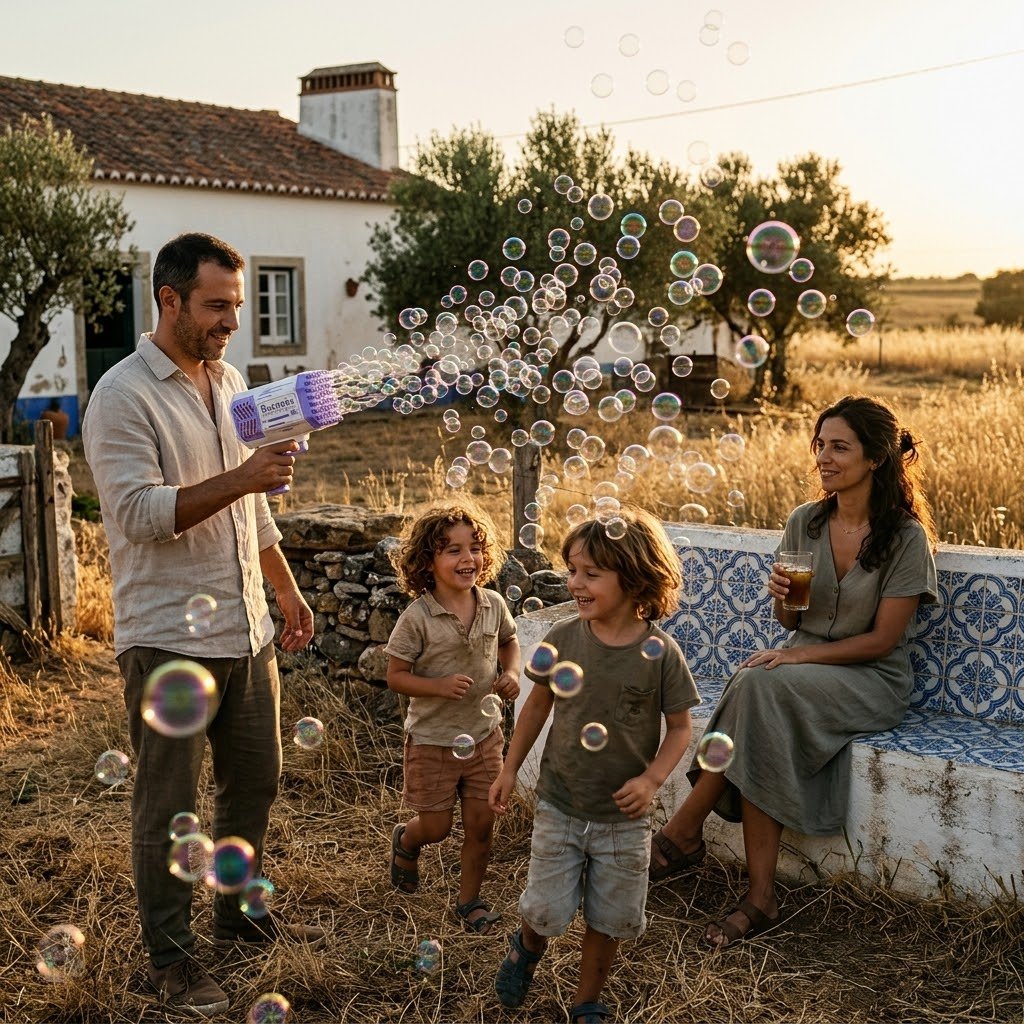 Familia española riéndose rodeada de cientos de burbujas al atardecer — BubbleBlast en acción