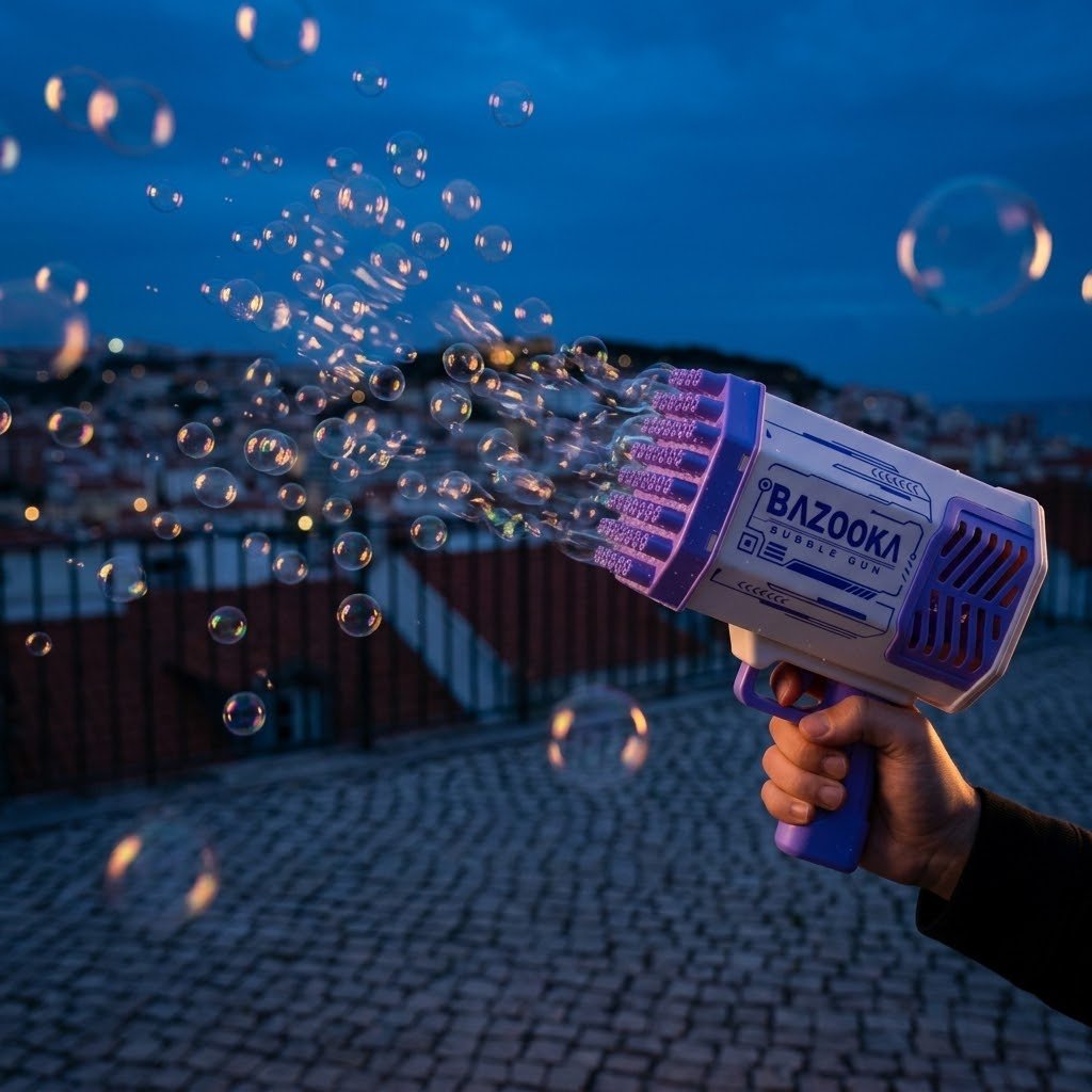 Pistola BubbleBlast disparando cientos de burbujas en cámara lenta