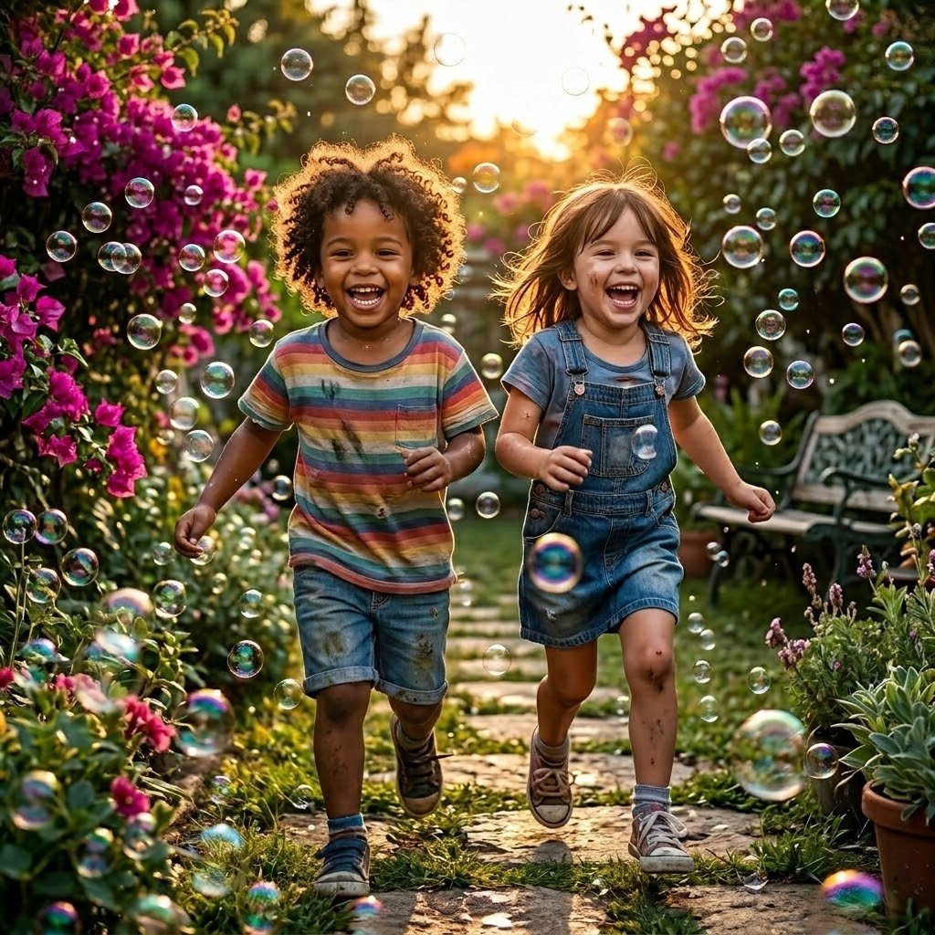 Niños españoles corriendo por el césped persiguiendo una nube de burbujas brillantes