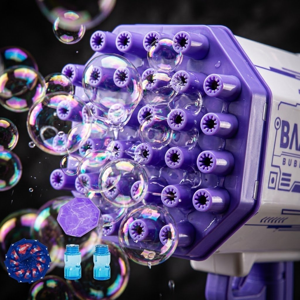 Pistola BubbleBlast de cerca disparando una nube densa de burbujas multicolores