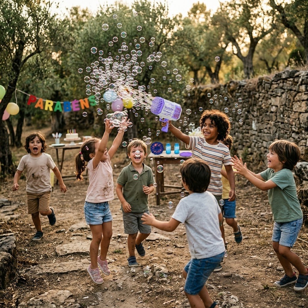 Fiesta de cumpleaños con niños entusiasmados persiguiendo burbujas