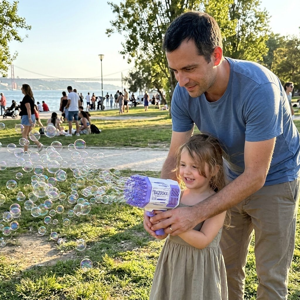 Padre e hija en el parque al atardecer con la BubbleBlast