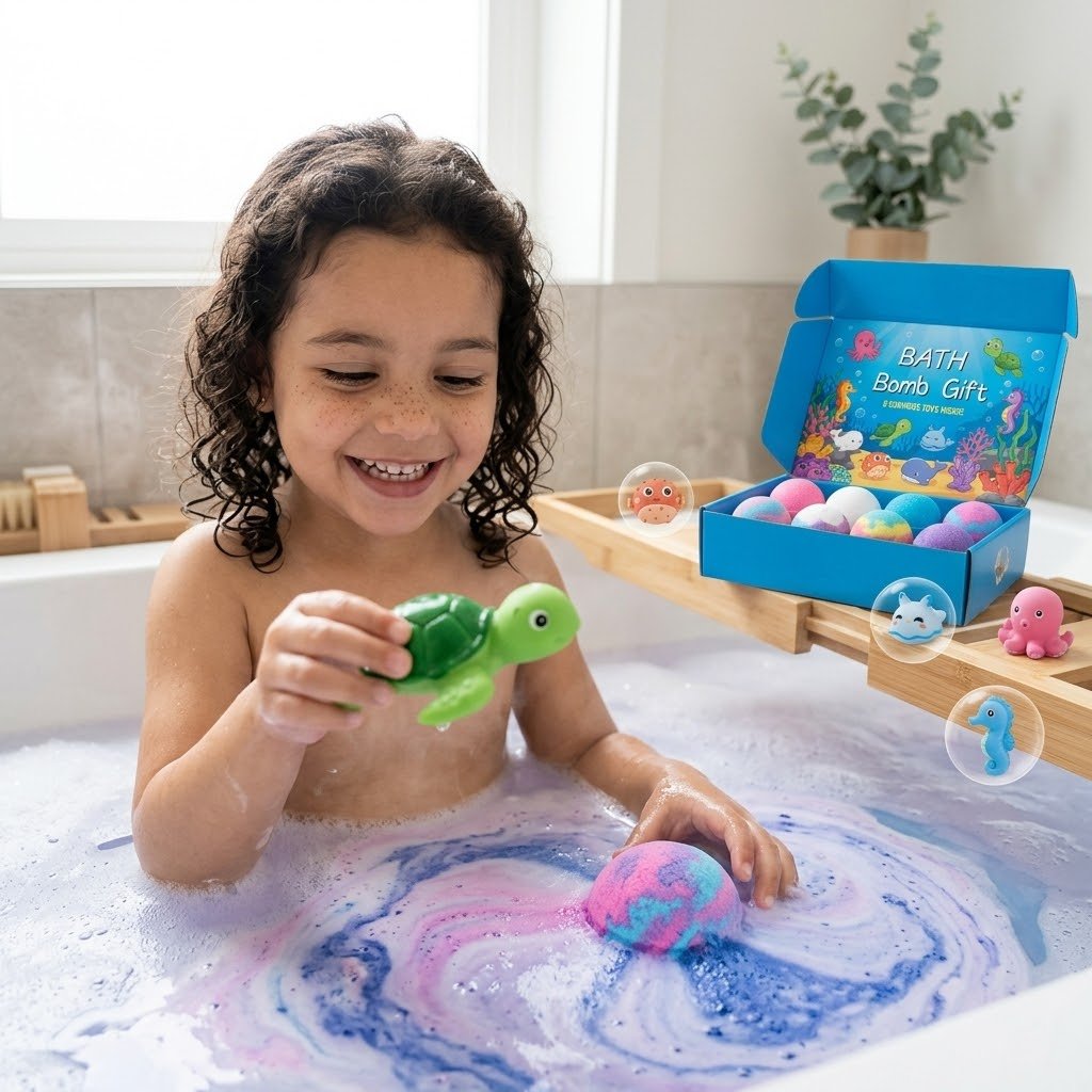 Niños felices jugando en la bañera con bombas SplashFun coloridas y juguetes de animales marinos