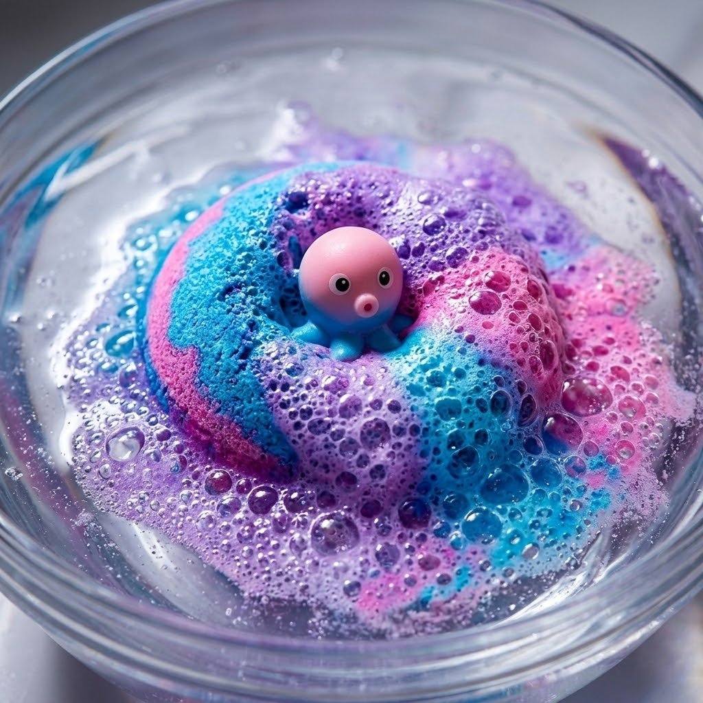 Bomba de baño colorida burbujeando y revelando un juguete de pulpo escondido en el agua