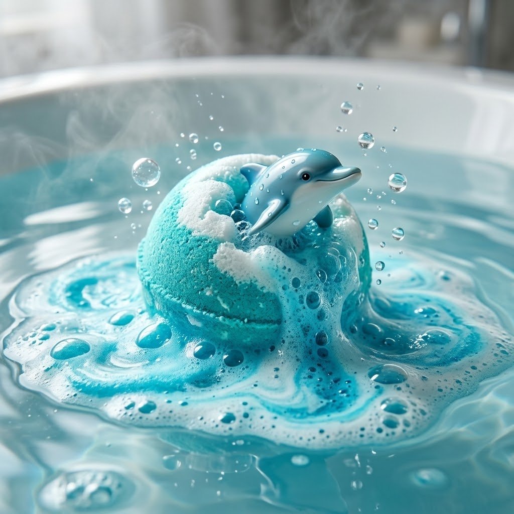 Las 8 bombas de baño coloridas alineadas en fila con sus respectivos animales marinos