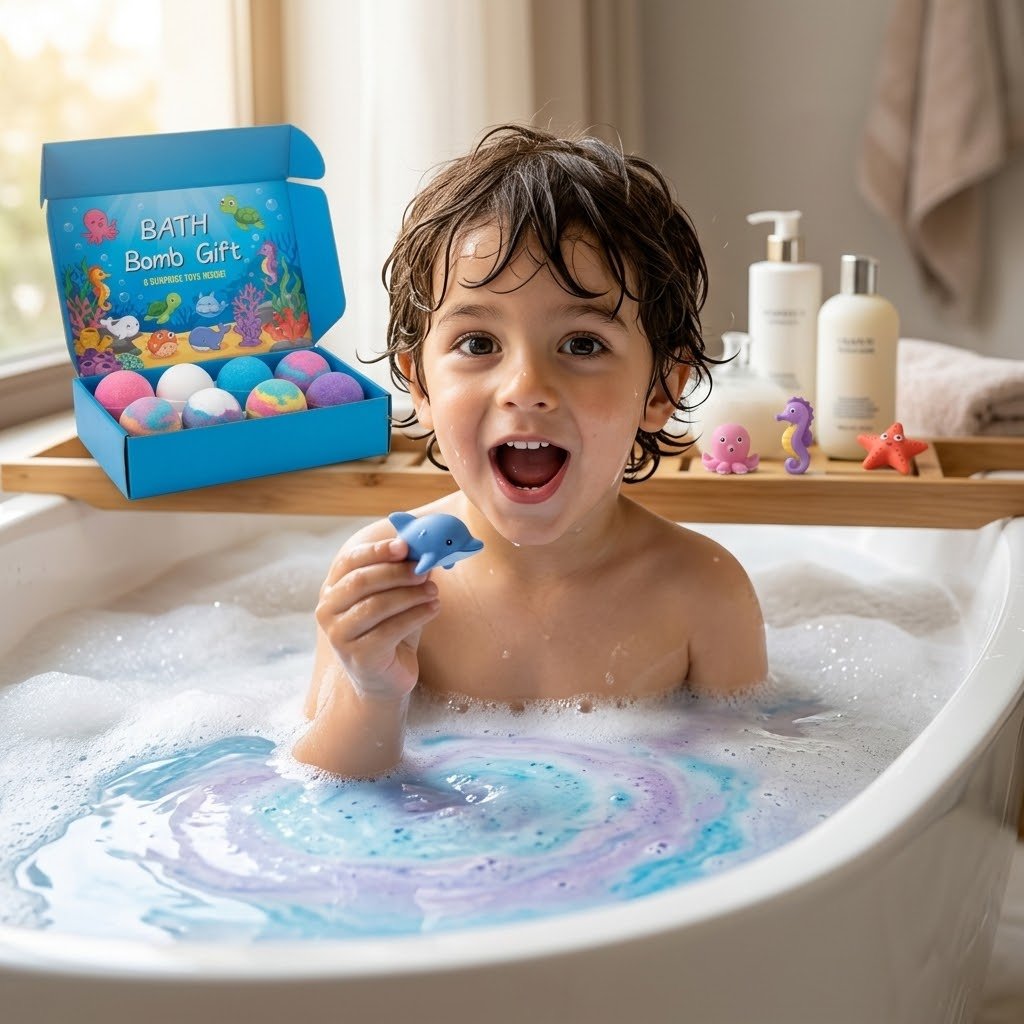 Niño sonriendo feliz en la bañera sosteniendo un juguete de pulpo descubierto dentro de una bomba de baño colorida