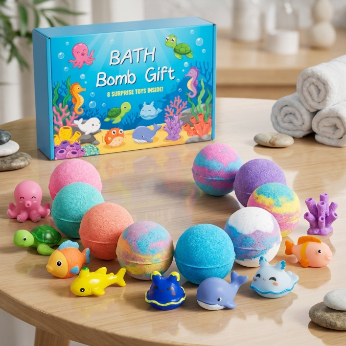 Las 8 bombas de baño SplashFun en colores arcoíris junto a pequeños juguetes marinos