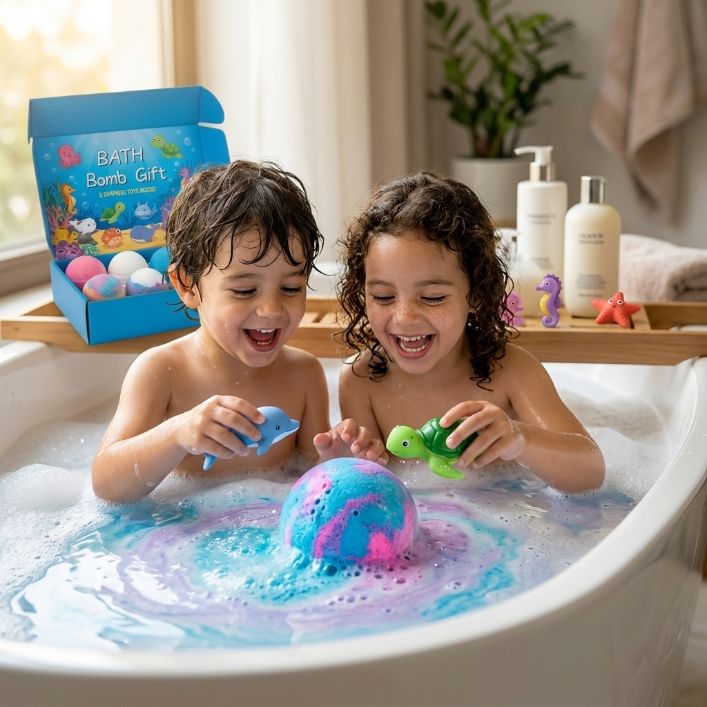 Familia española feliz viviendo el ritual mágico del baño con las bombas SplashFun