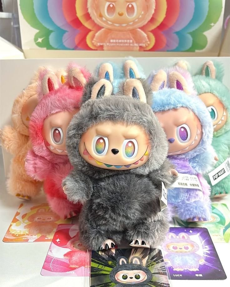 Colección completa de figuras Labubu Monsters en una estantería moderna iluminada con luz cálida