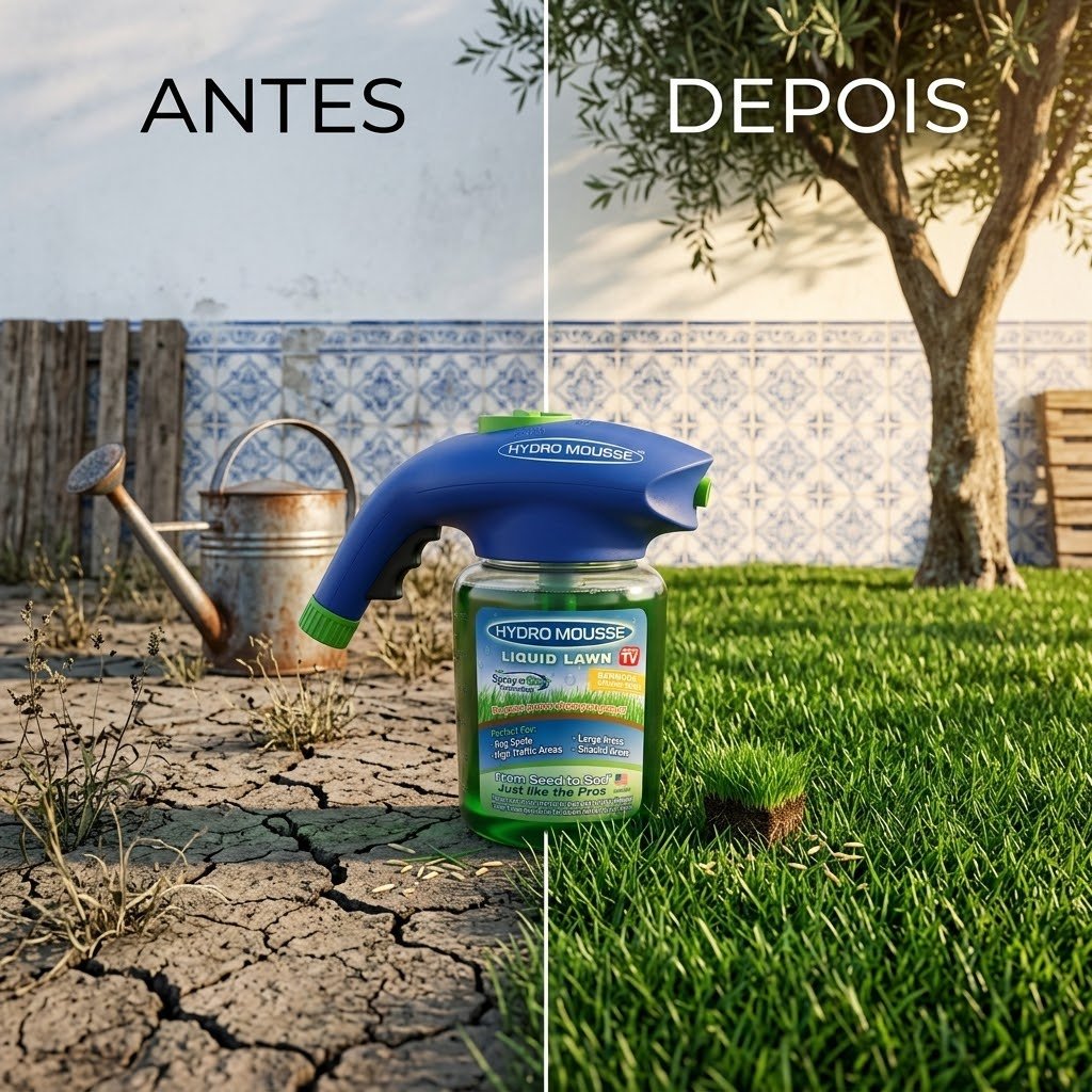 RelvaSpray Pro antes e depois — relva castanha transformada em verde denso