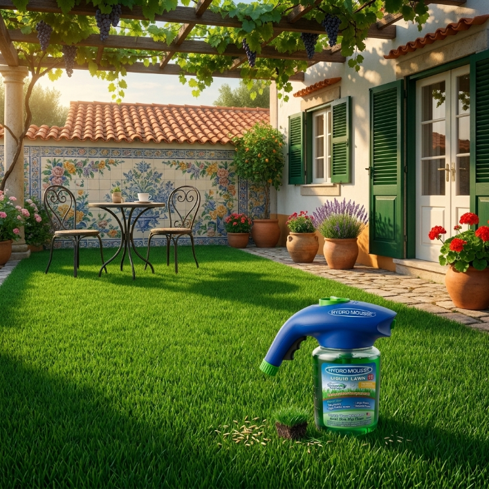 Jardín residencial español con césped verde y denso