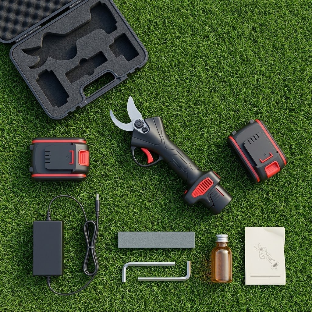 Kit completo PodaMax Pro con tijera, 2 baterías, cargador y maletín rígido sobre fondo verde
