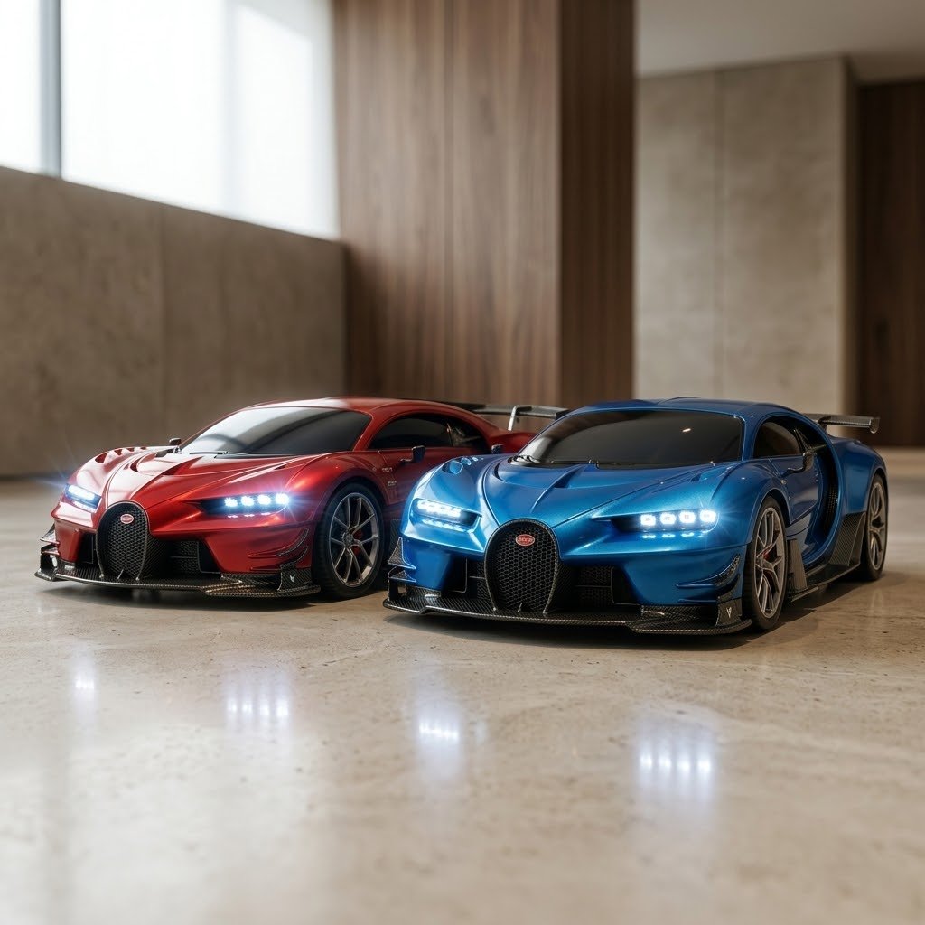 Detalle del coche de carreras teledirigido rojo en movimiento con motion blur en las ruedas